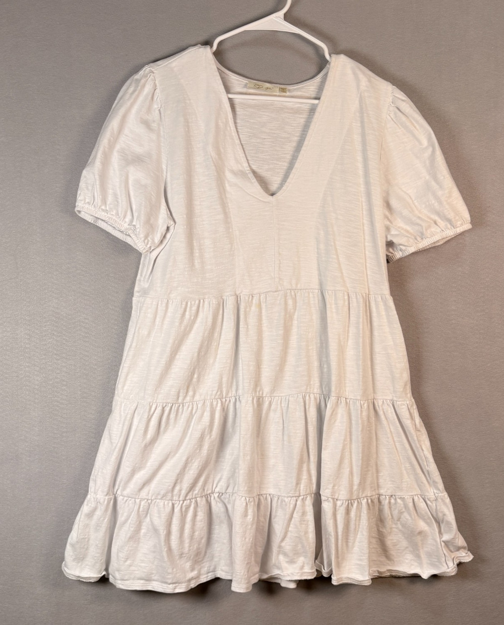 RD Style Women's Large White Tiered V Neck Babydoll Dress Puff Sleeve
